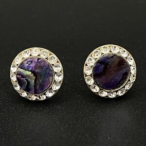 Abalone Shell Rhinestone Halo Stud Earrings Purple Gold Round Beachy Boho